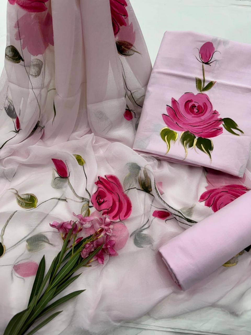 Light Pink Rose Hand-Painted Chiffon Suit