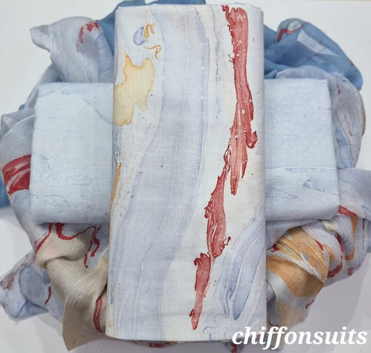 Ivory & Pastel Hand Block Printed Cotton Suit with Chiffon Dupatta