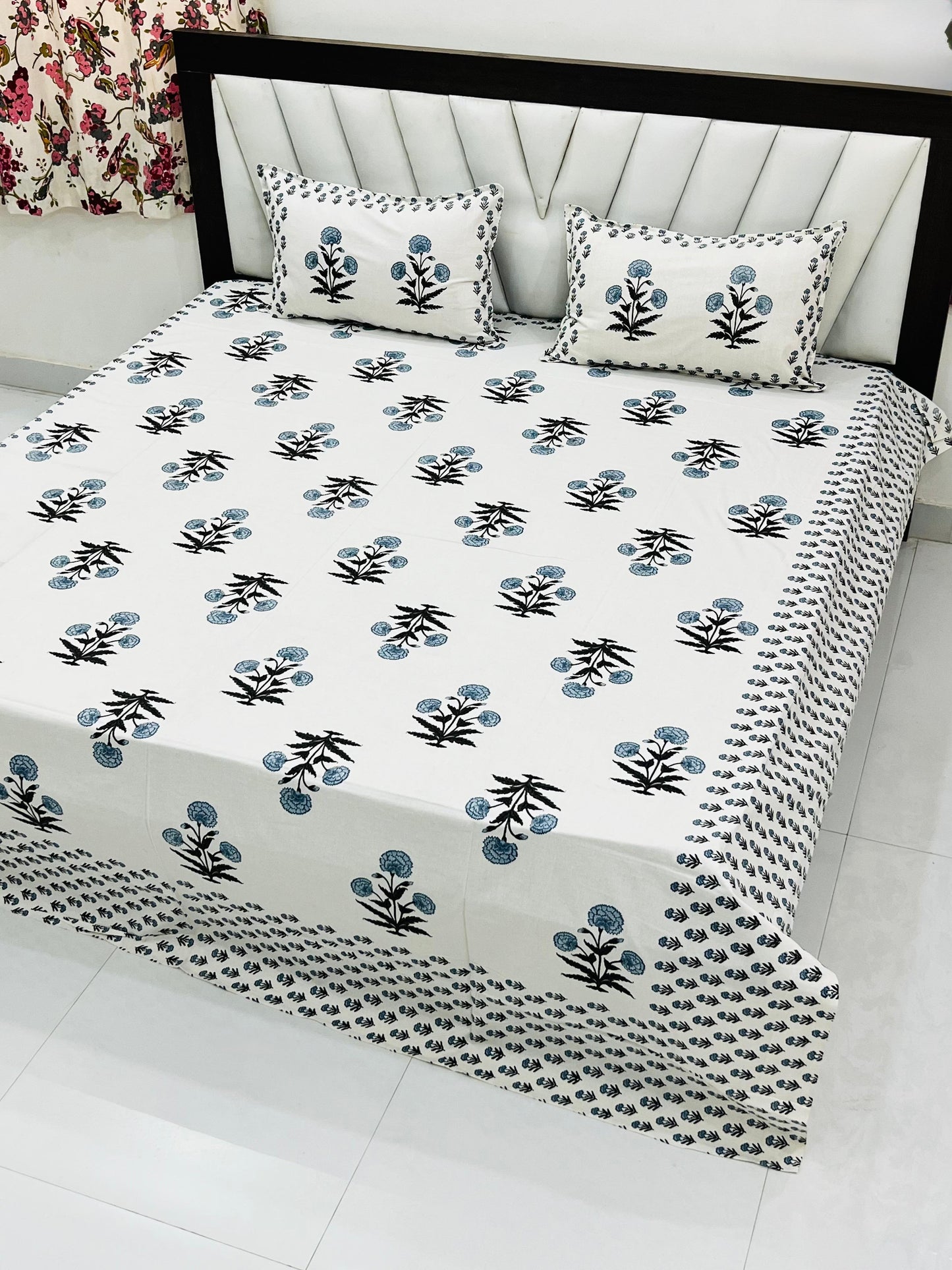 Blue Floral Hand-Block Inspired King Size Cotton Bedsheet