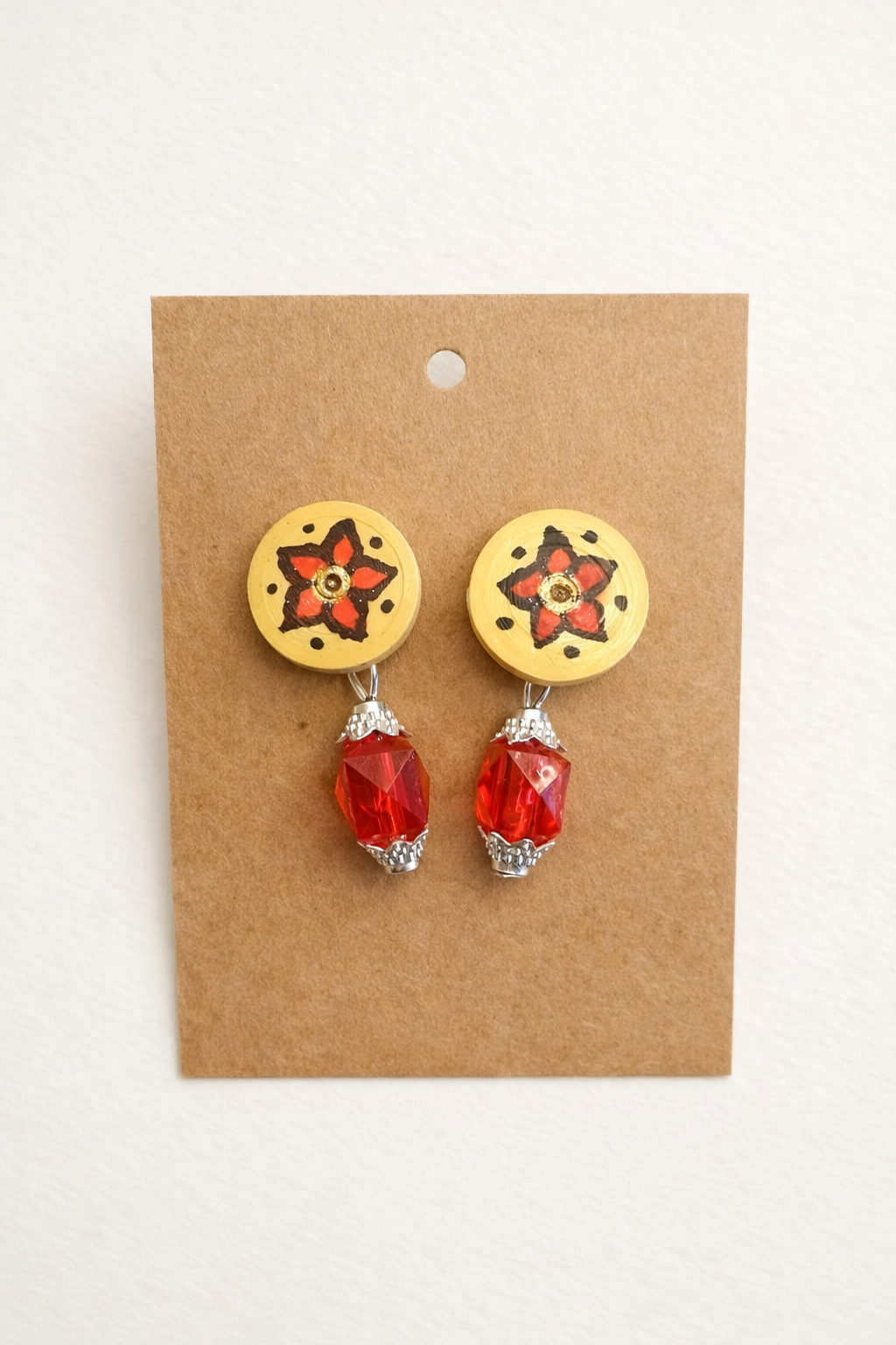 Hand-Painted Floral Quilling Earrings with Red Crystal Drop