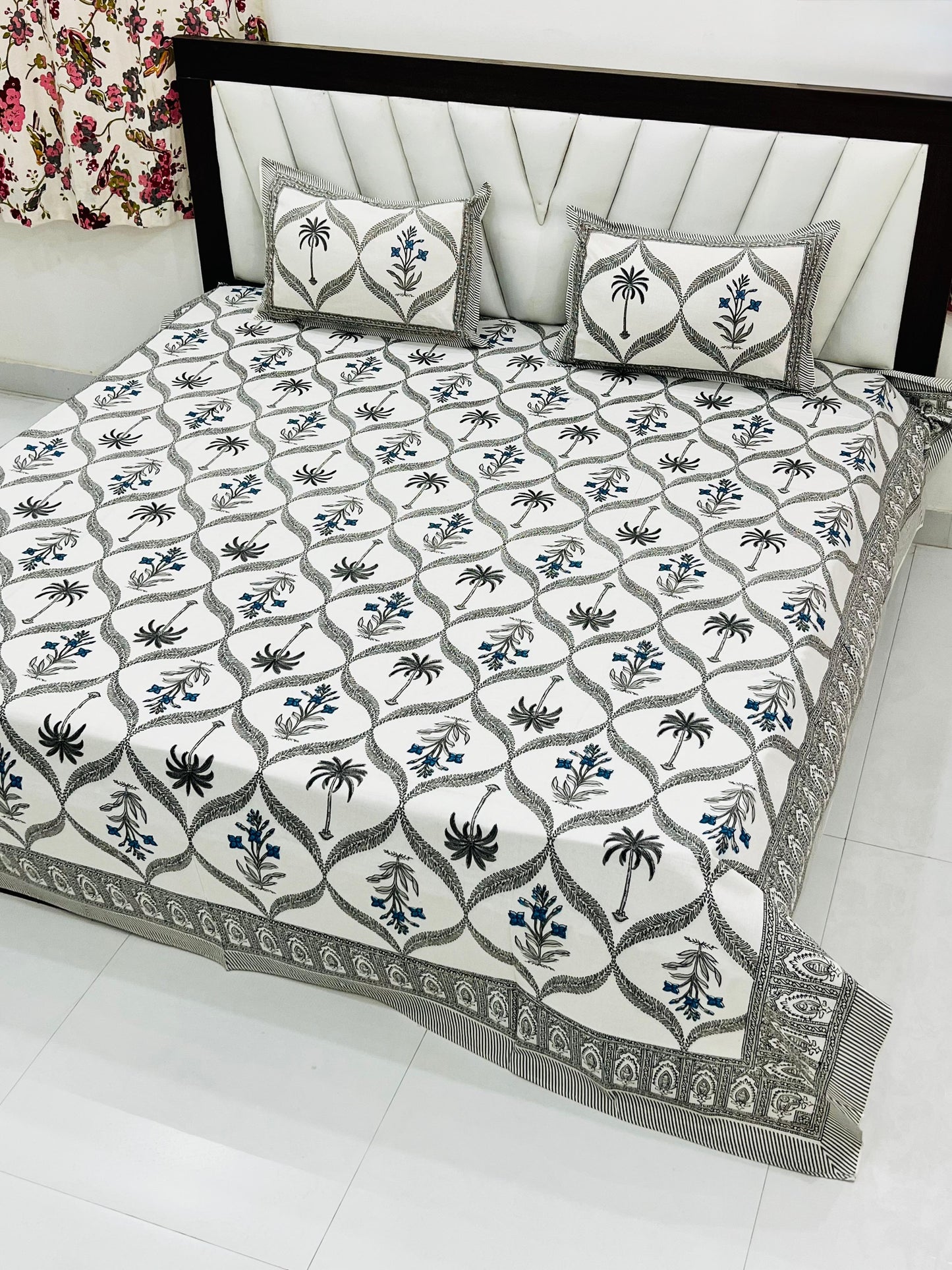 Grey Palm Motif Premium King Size Cotton Bedsheet