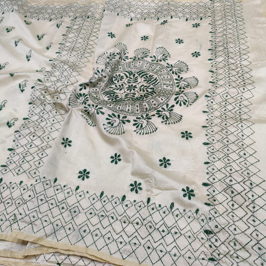 Ivory Silk Linen Saree with Handcrafted Katha Work