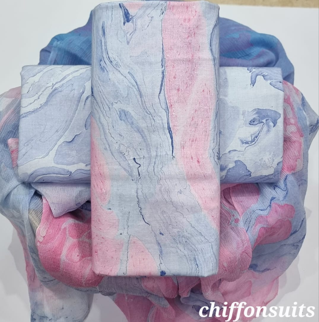 Abstract Pastel Blue Chiffon Suit Set