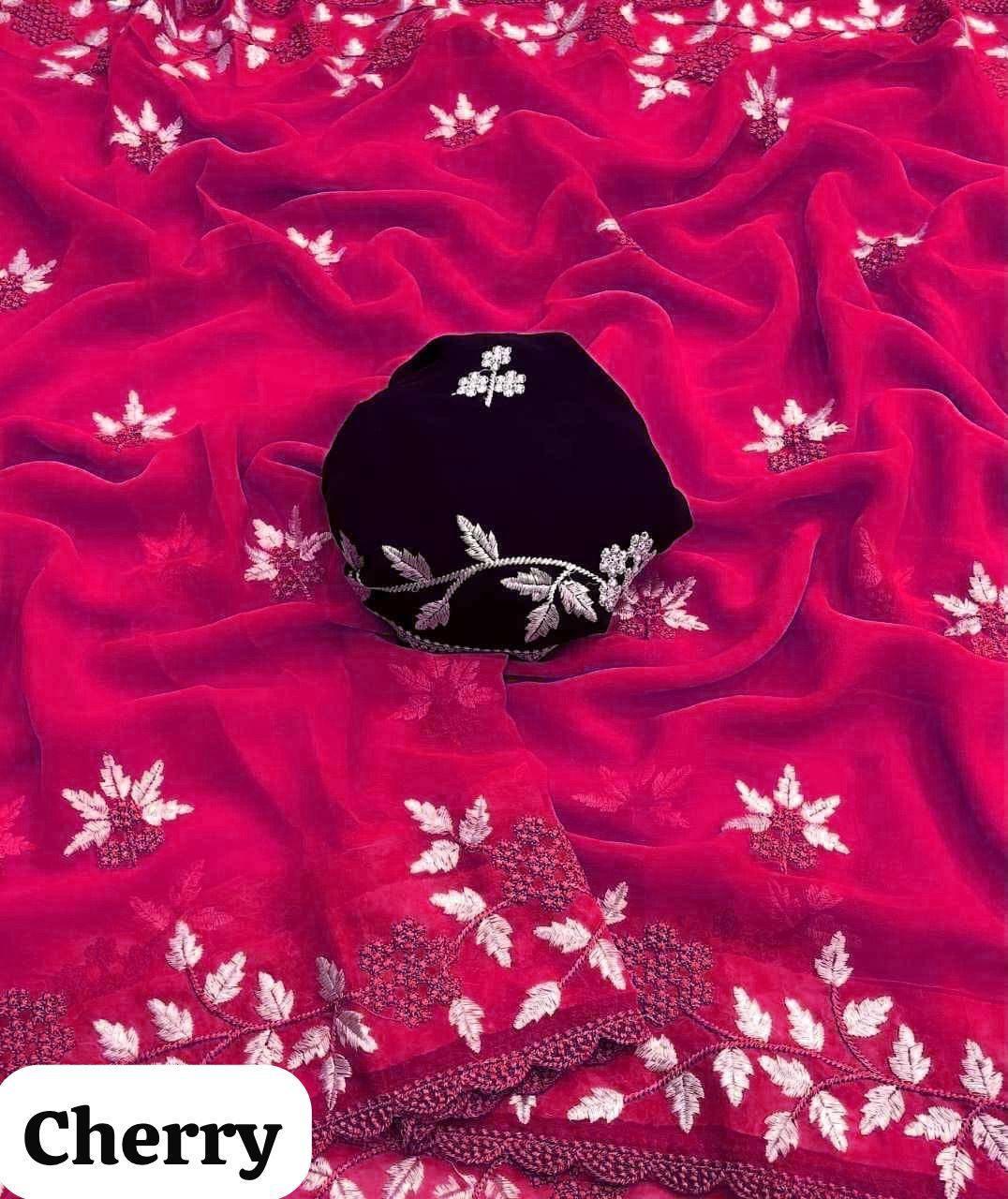 Cherry Pink Embroidered Georgette Saree with Contrast Blouse