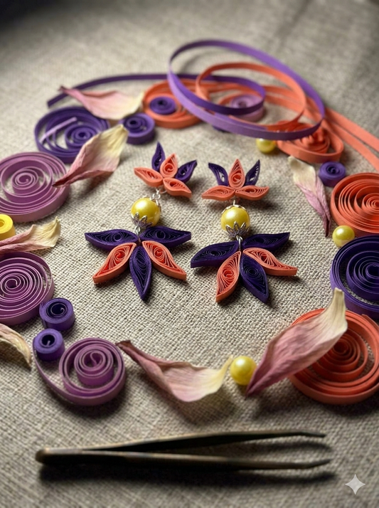 Handmade Lotus Paper Quilled Earrings | Eco-Friendly Feather-Light Statement Jewelry | Purple & Orange