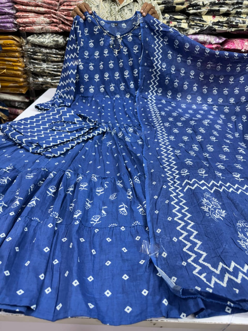 Indigo Blue Discharge Print Anarkali Set – Brand Showroom Exclusive
