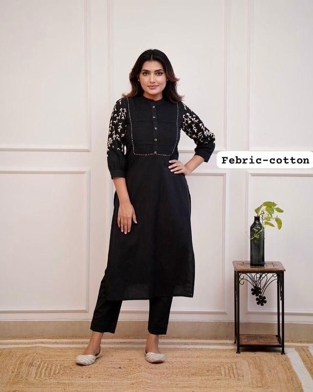 Elegant Office Kurti Pant Set – Embroidered & Pintex Detailing