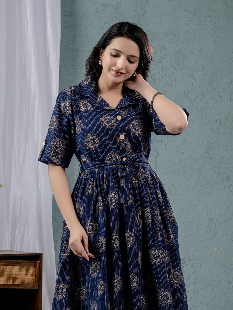 Elegant Katha Cotton One-Piece Frock with Belt