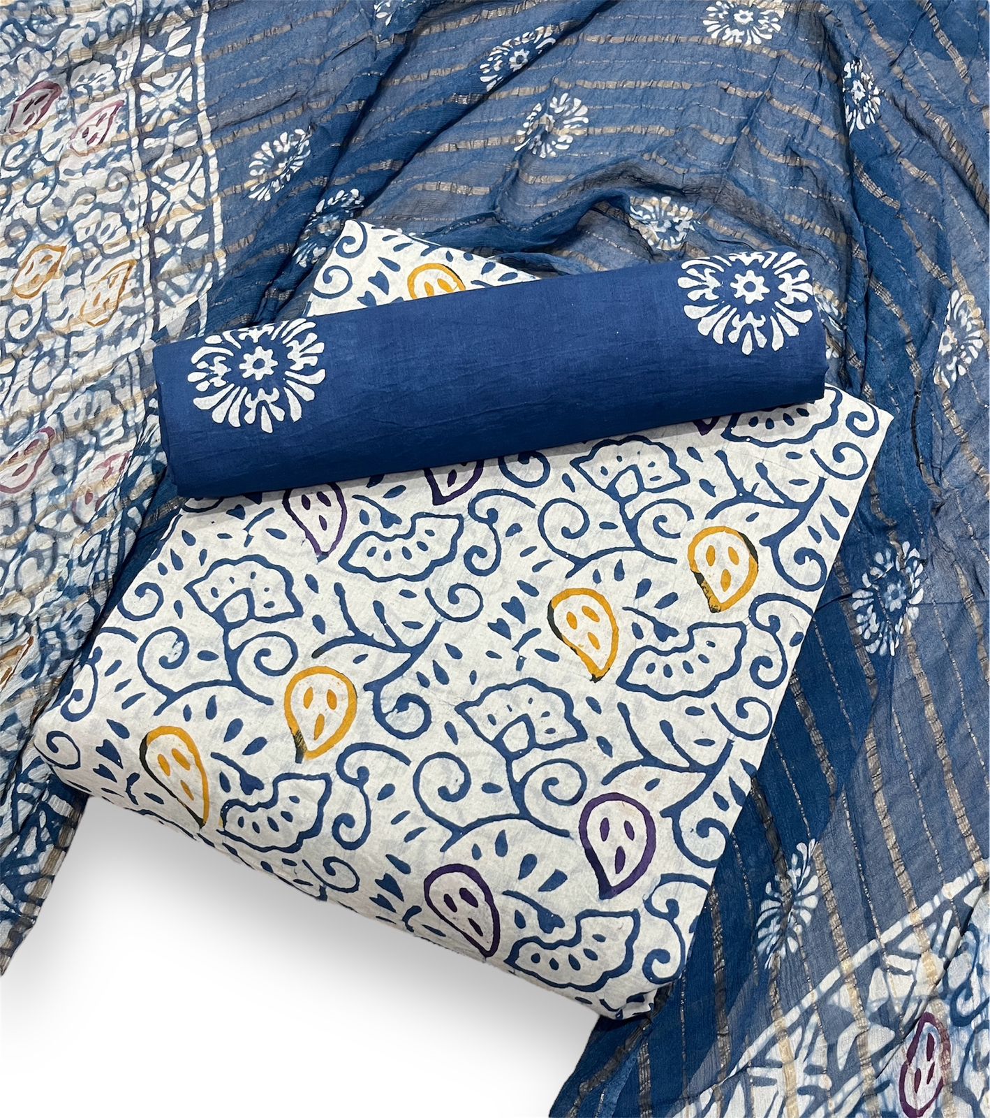 Original Wax Batik with our Hand Block Batik Gad Print Multi-Color Pure Cotton Dress Material! ๐ฟ๐จ