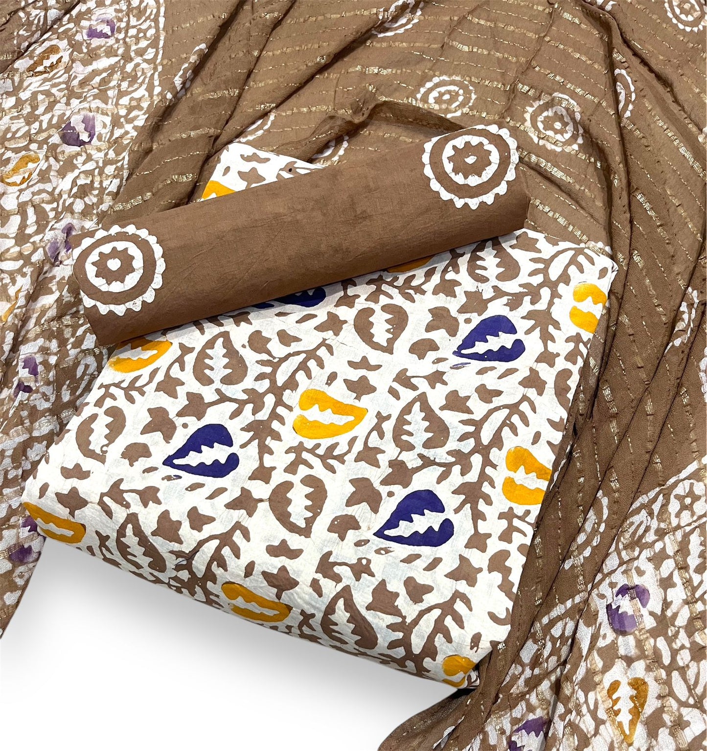 Original Wax Batik with our Hand Block Batik Gad Print Multi-Color Pure Cotton Dress Material! ๐ฟ๐จ