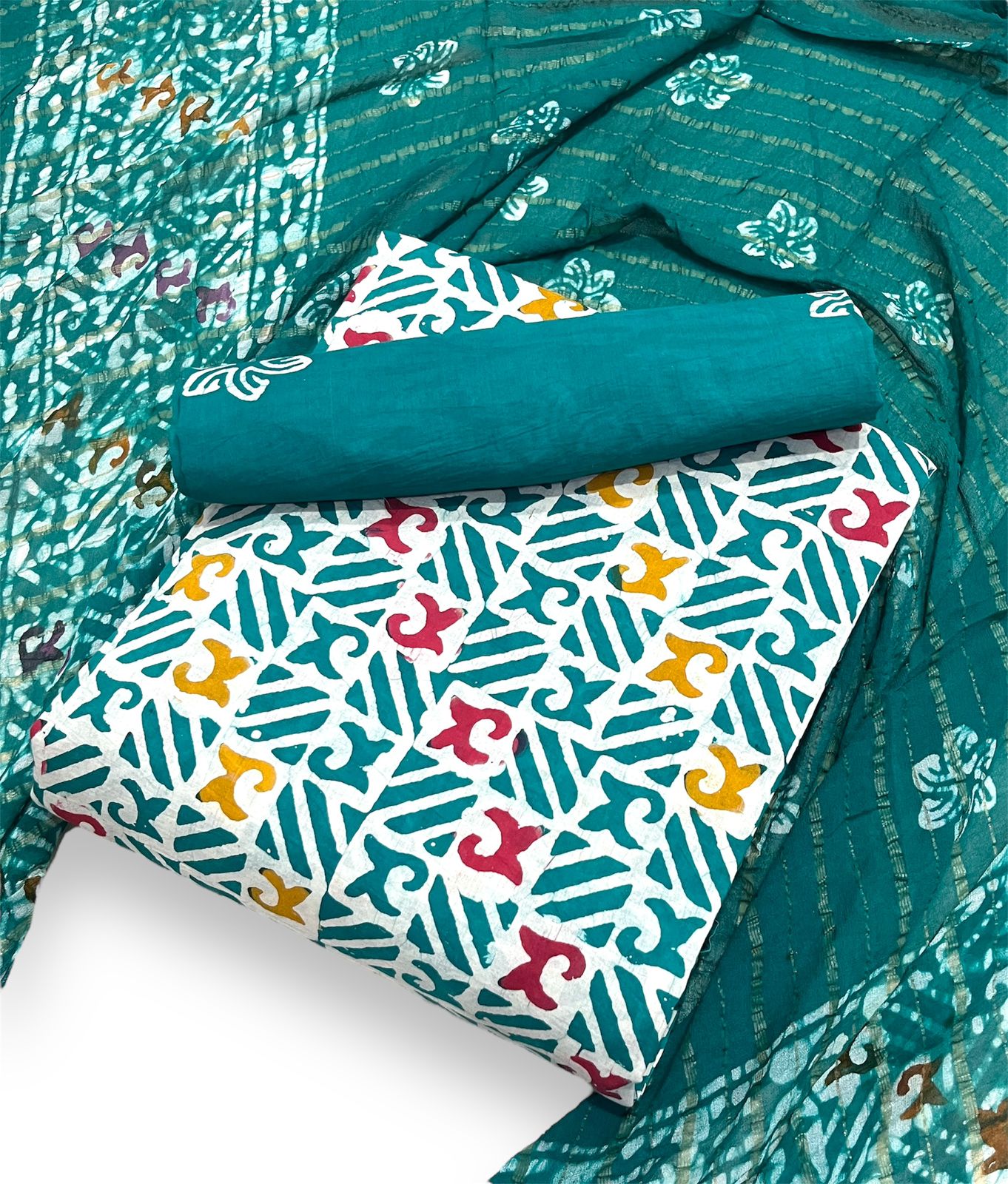 Original Wax Batik with our Hand Block Batik Gad Print Multi-Color Pure Cotton Dress Material! ๐ฟ๐จ