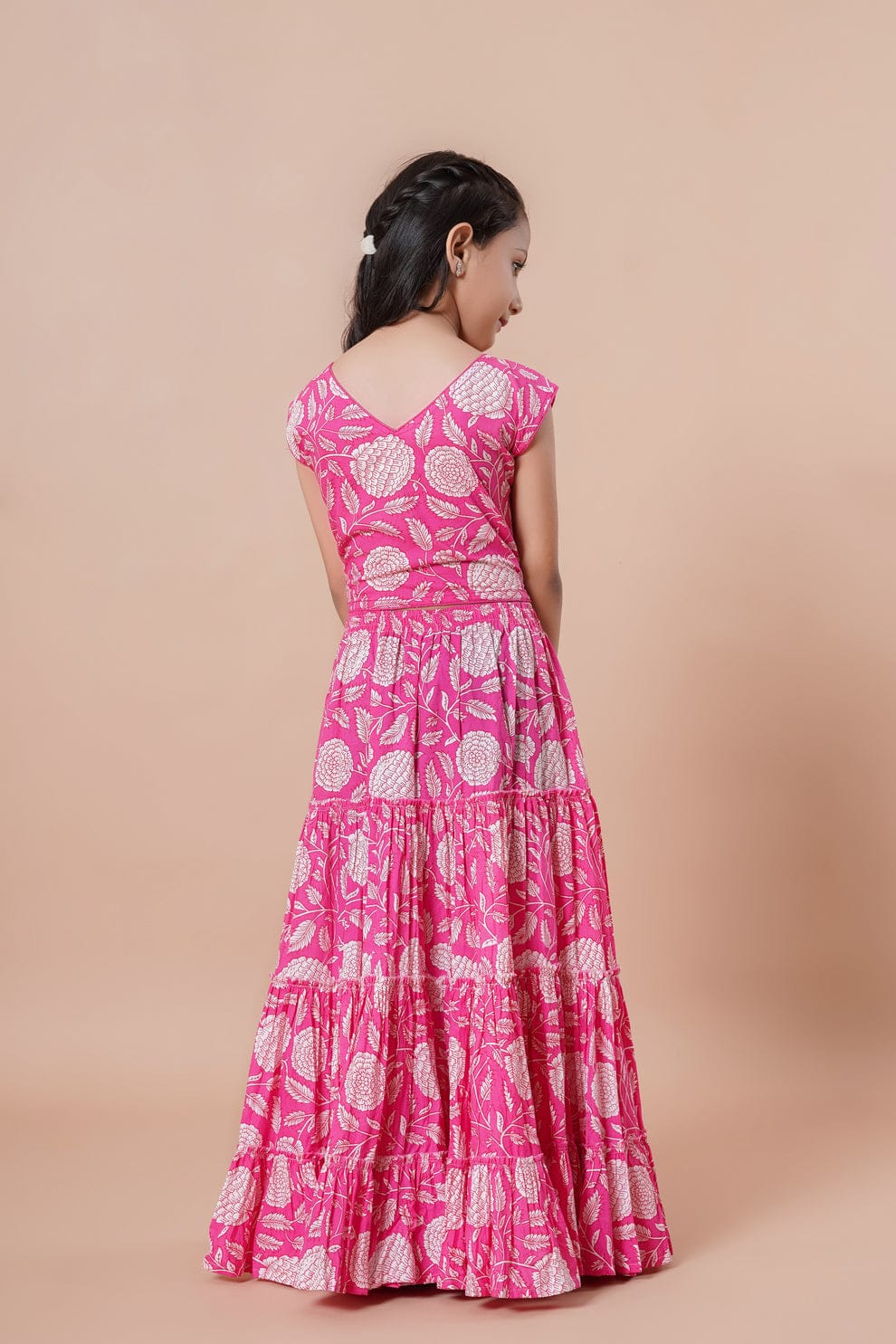 Bright Pink Floral Cotton Lehenga Choli Set with Dupatta – Girls (Ages 5-10)