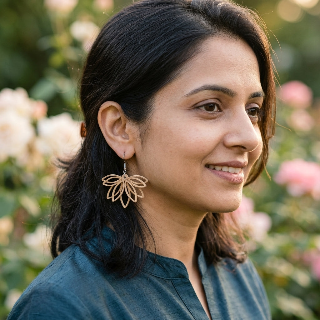 Handmade Paper Quilled Beige Lotus Petal Fan Dangle Earrings