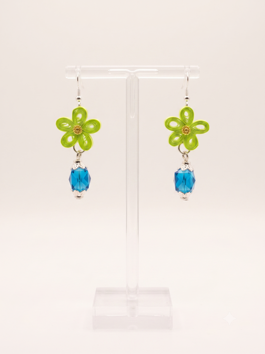 Handmade Paper Quilled Neon Green Flower Dangle Earrings with Blue Crystal Bead