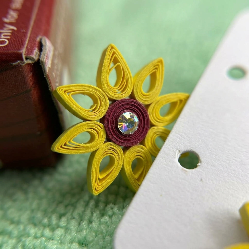 Handmade Paper Quilled Yellow Daisy Flower Stud Earrings with Maroon Center