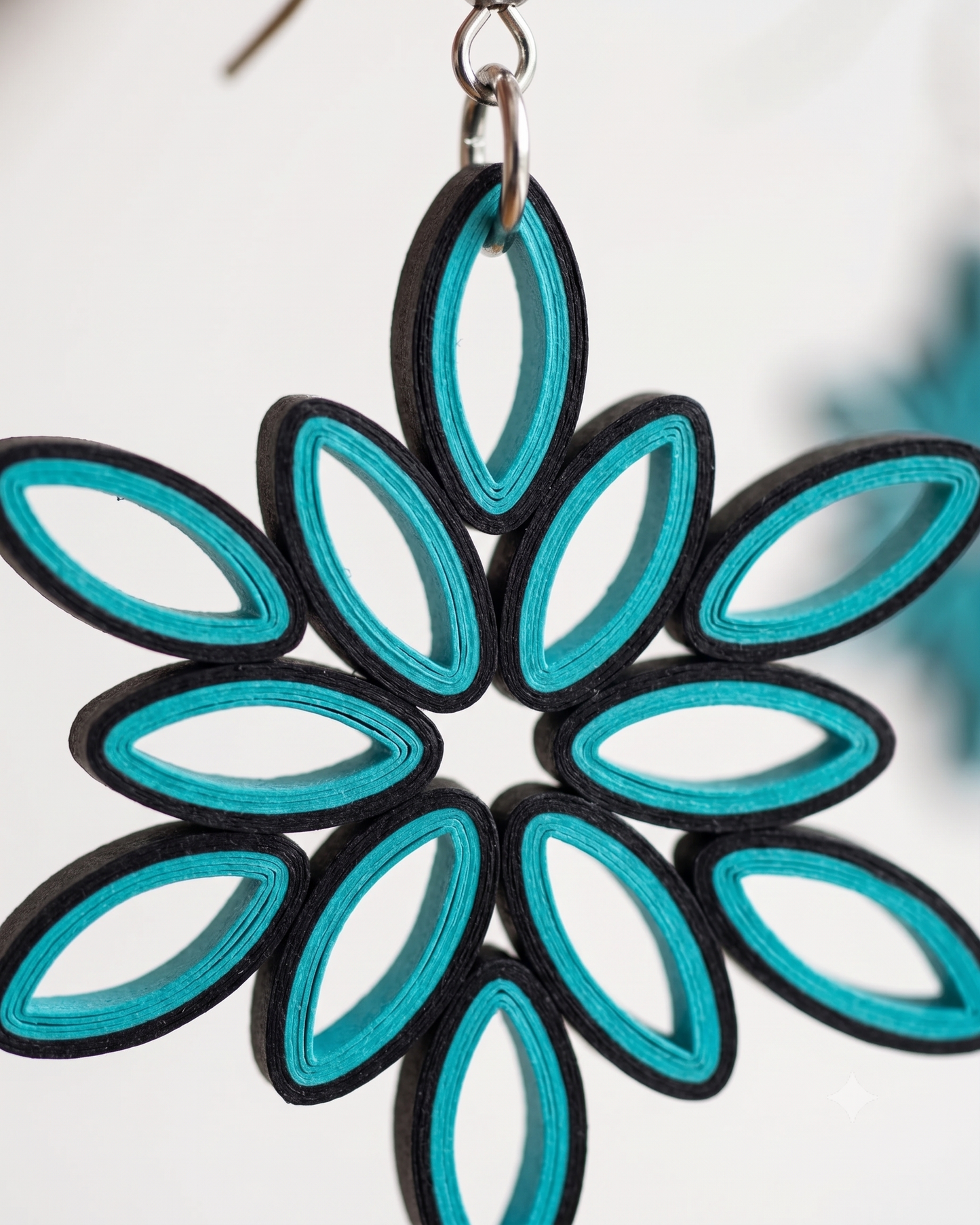 Tannvi's Collections Handmade Paper Quilled Snowflake Starburst Dangle Earrings - Cyan Teal & Black