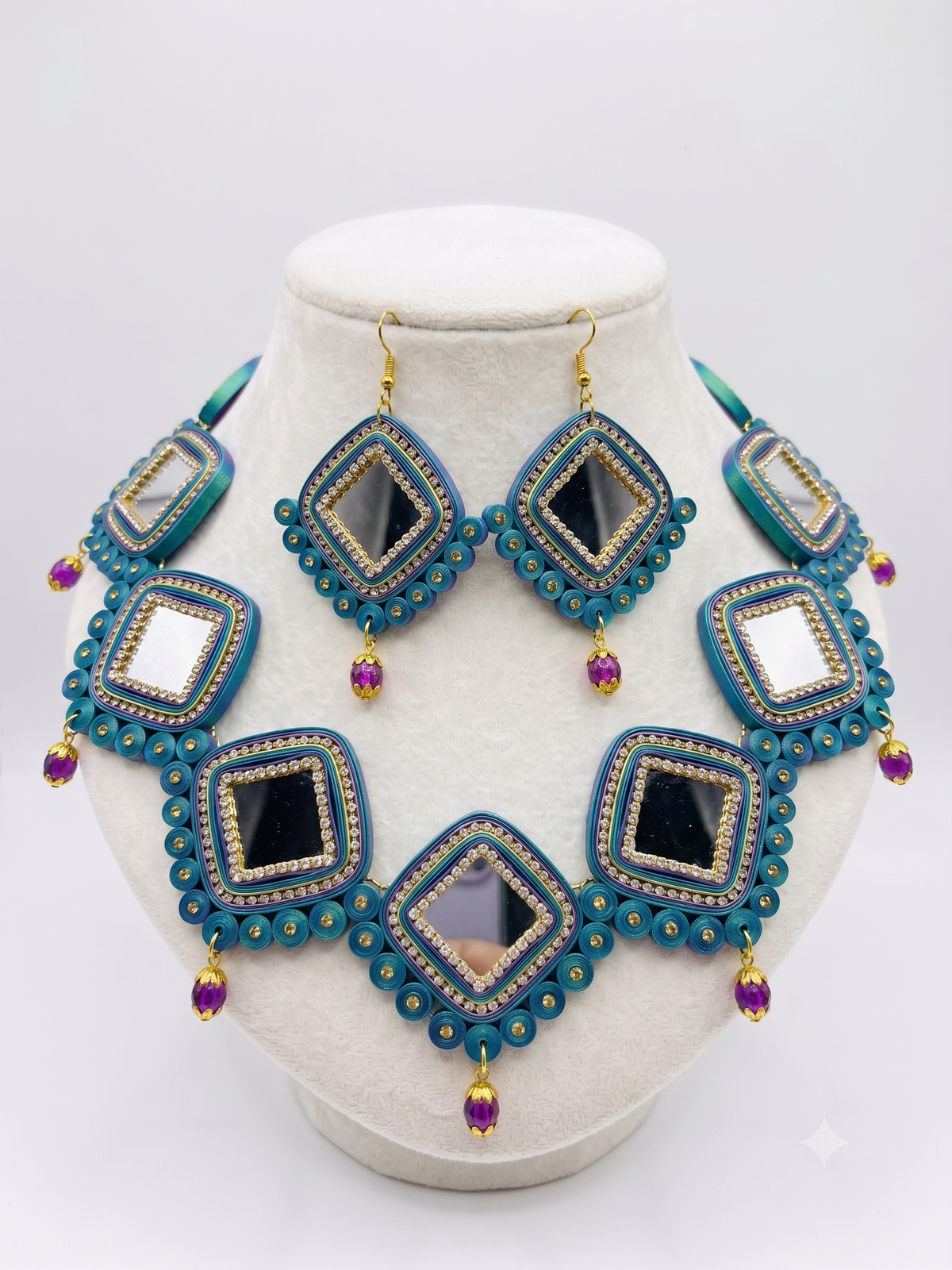Handmade Paper Quilled Deluxe Peacock Feather Necklace and Earring Set