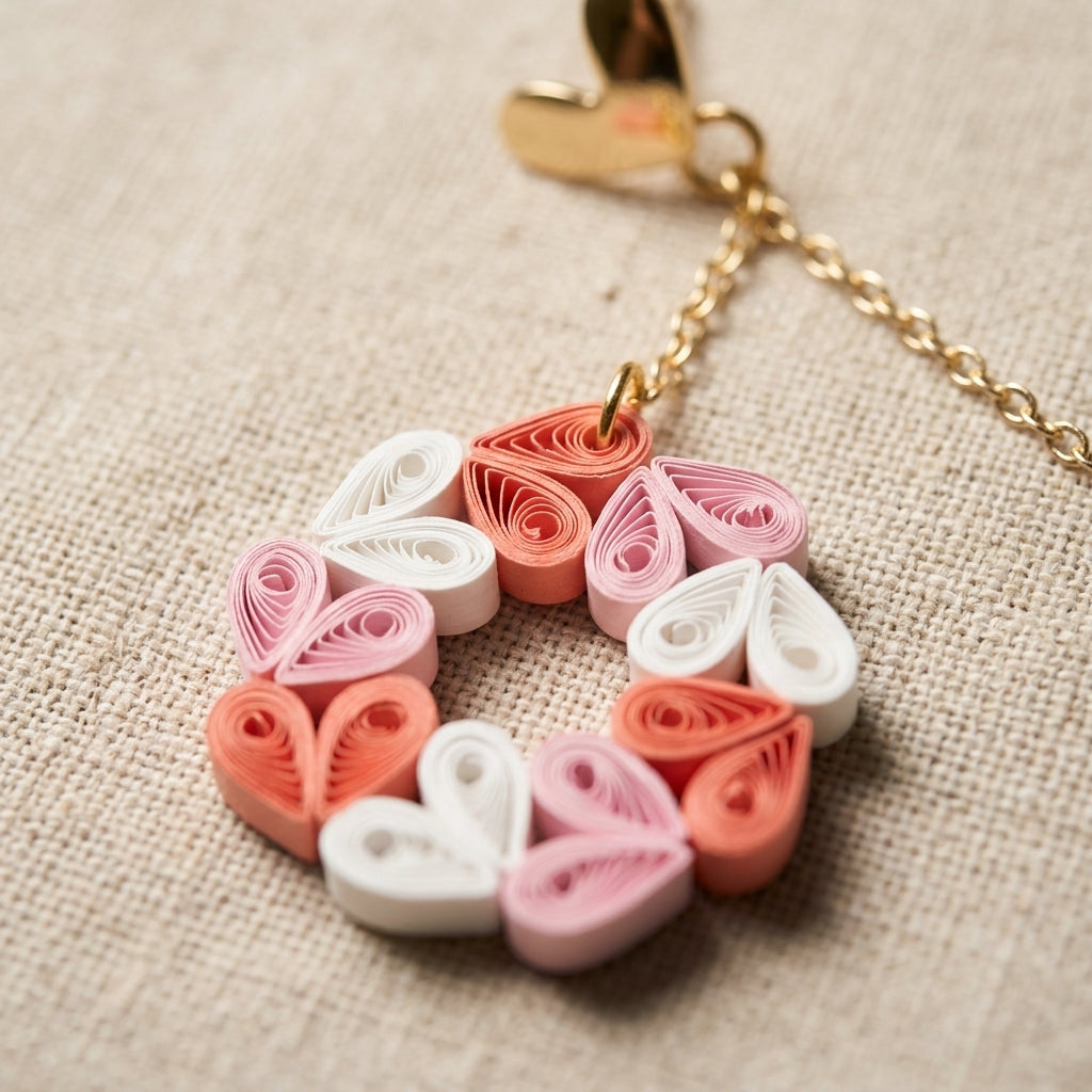 Handmade Paper Quilled Pink and Coral Heart Wreath Drop Earrings with Gold Chain