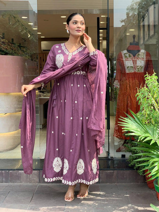 Anarkali Cotton Embroidered Kurta Set with Dupatta