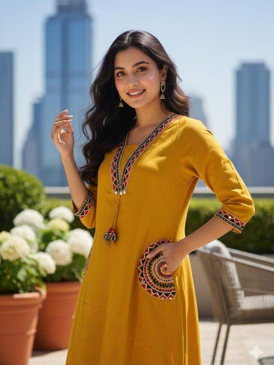 Mustard Yellow Embroidered Cotton Flex Kurti Plazzo Set