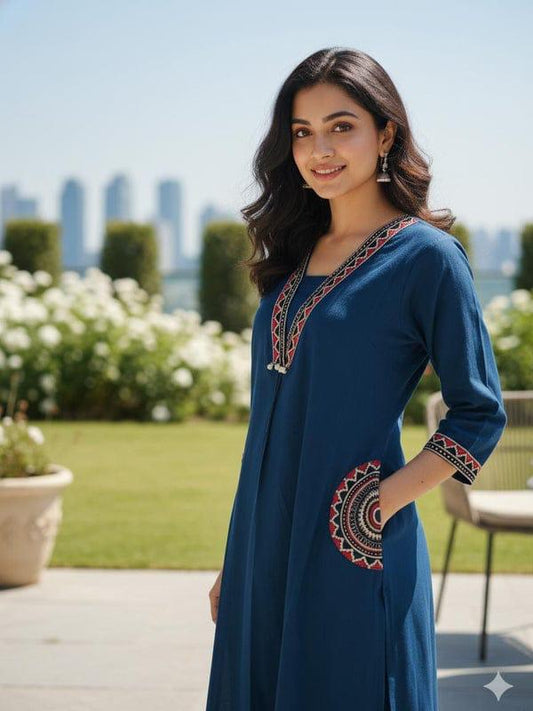 Navy Blue Embroidered Cotton Flex Kurti Plazzo Set