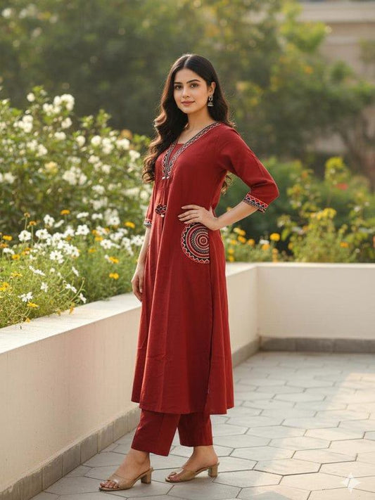 Wine Red Embroidered Cotton Flex Kurti Plazzo Set