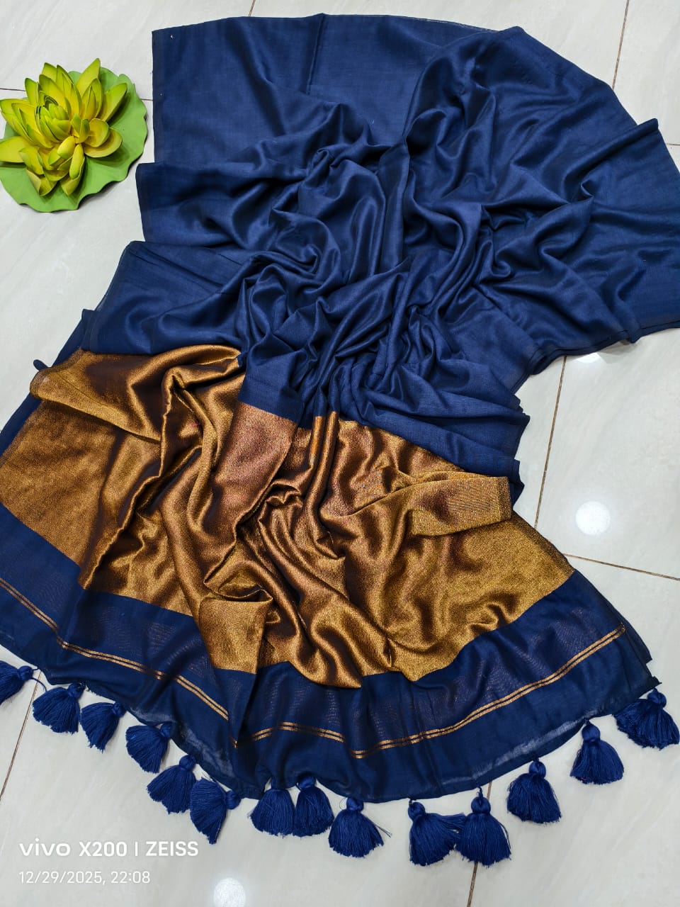 Navy Blue Pure Khadi Cotton Handloom Saree with Zari Pallu