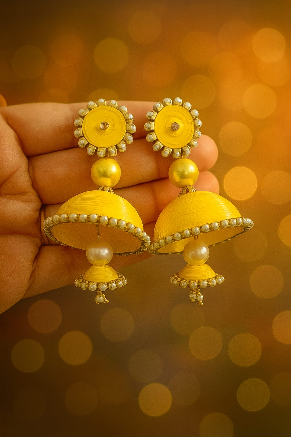 Yellow Pearl-Trim Handmade Paper Quilling Jhumka Earrings