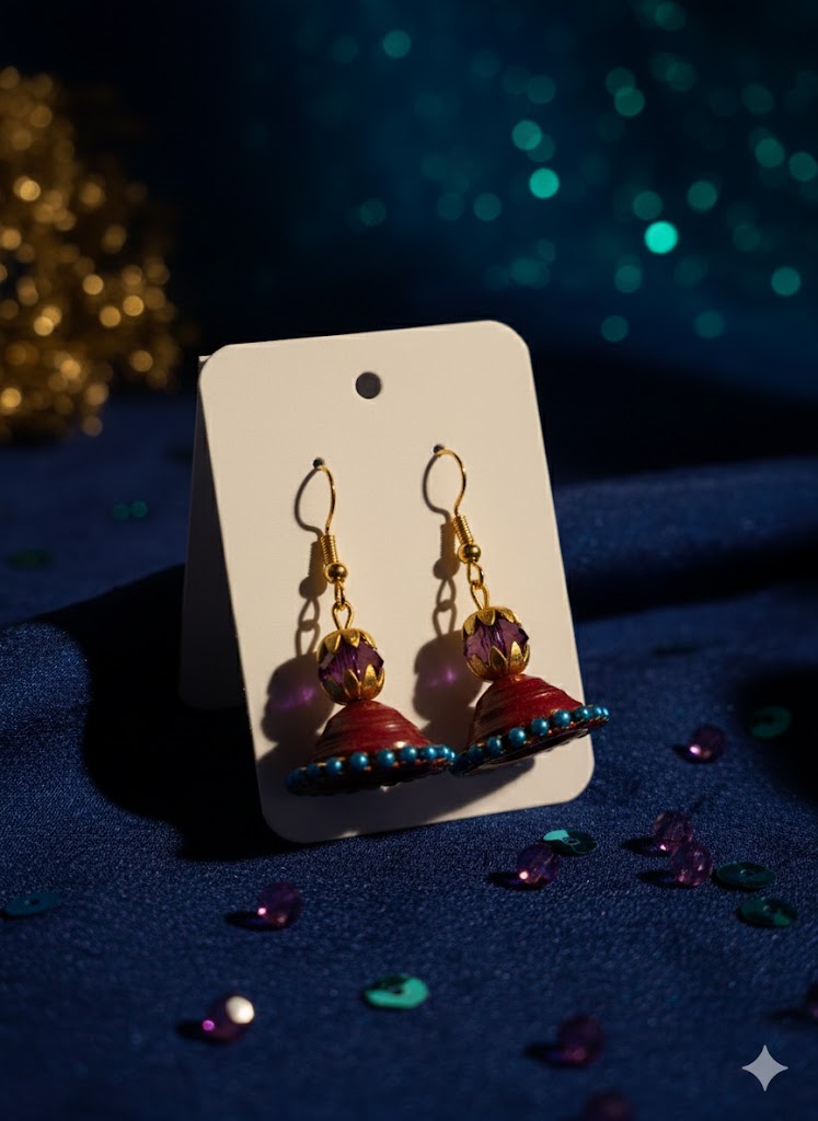 Maroon & Gold Handmade Paper Quilling Jhumka Earrings