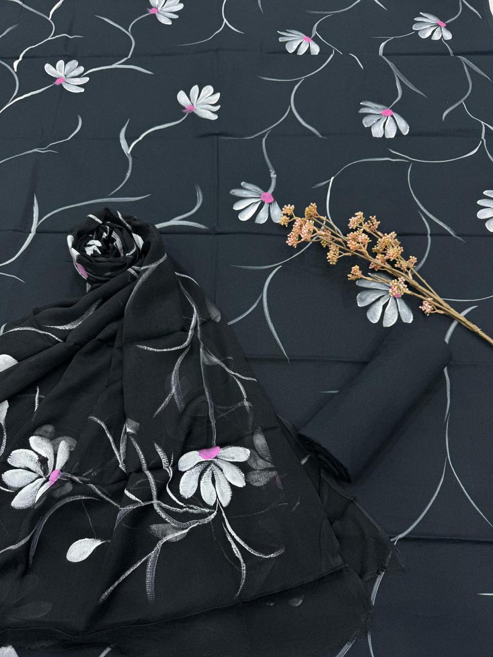 Black Hand-Painted Floral Chiffon Suit Set