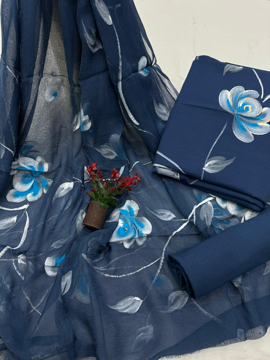 Navy Blue Hand-Painted Floral Chiffon Suit Set
