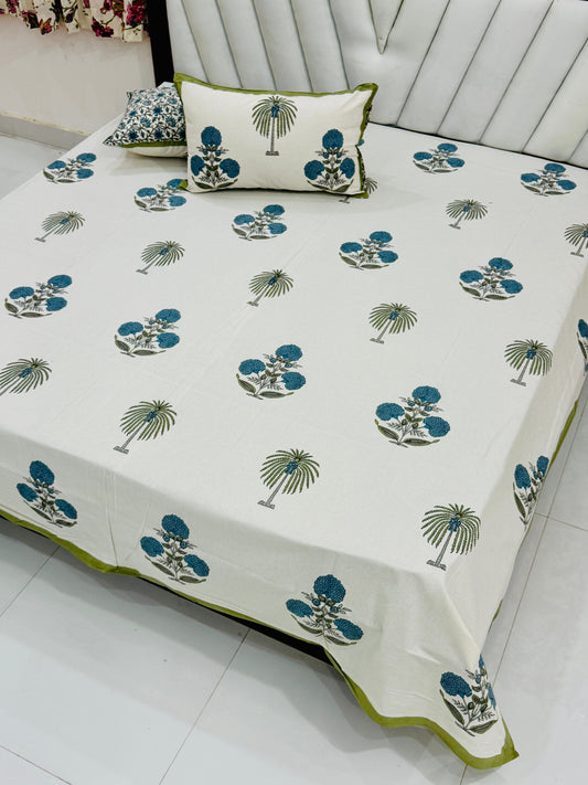 Blue Botanical Hand Look King Size Cotton Bedsheet with Reversible Pillow Covers