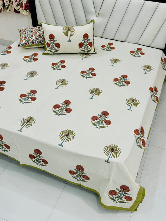 Earth Tone Floral King Size Cotton Bedsheet with Reversible Pillow Covers