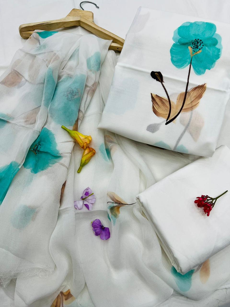 White Cotton Suit with Hand-Painted Floral Motifs & Chiffon Dupatta