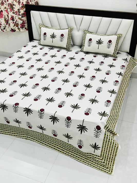 Minimal Palm Print King Size Cotton Bedsheet with Reversible Pillow Covers