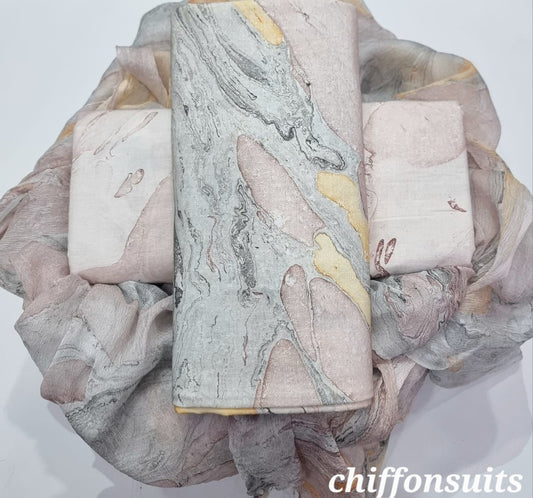 Soft Grey Hand Block Printed Cotton Suit with Chiffon Dupatta