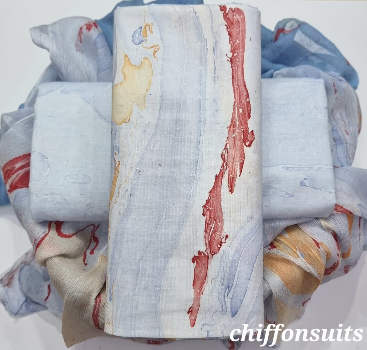 Ivory & Pastel Hand Block Printed Cotton Suit with Chiffon Dupatta