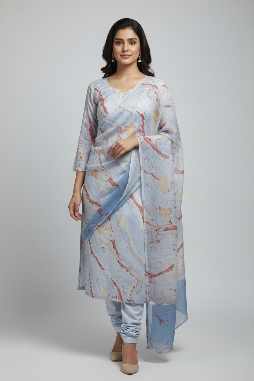 Ivory & Pastel Hand Block Printed Cotton Suit with Chiffon Dupatta