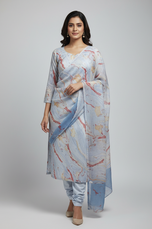 Ivory & Pastel Hand Block Printed Cotton Suit with Chiffon Dupatta