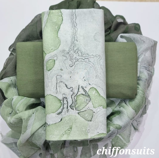 Sage Green Hand Block Printed Cotton Suit with Chiffon Dupatta