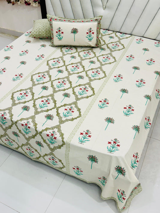 Soft Green Floral Grid King Size Cotton Bedsheet with Reversible Pillow Covers