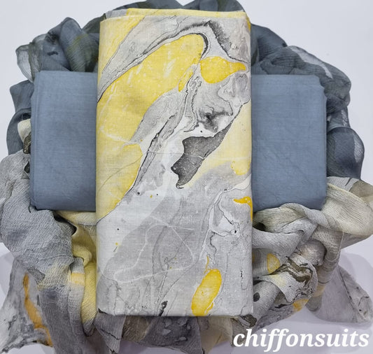 Grey & Yellow Abstract Hand Block Printed Cotton Suit Set