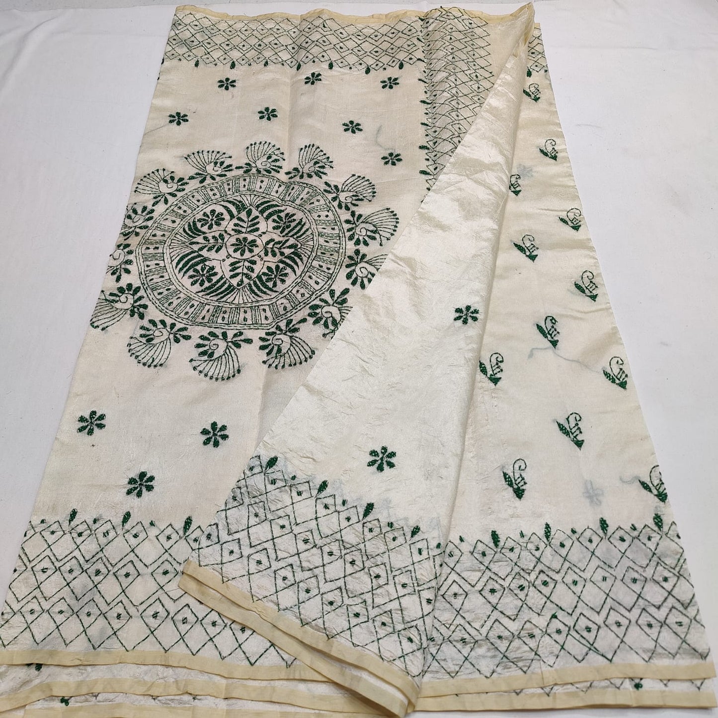 Ivory Silk Linen Saree with Handcrafted Katha Work