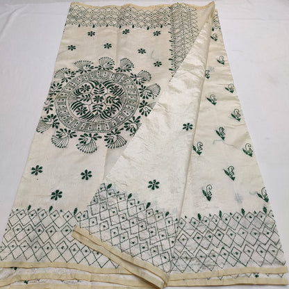 Ivory Silk Linen Saree with Handcrafted Katha Work