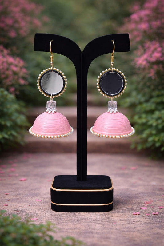 Pastel Pink Mirror Jhumka – Handmade Paper Quilling Earrings