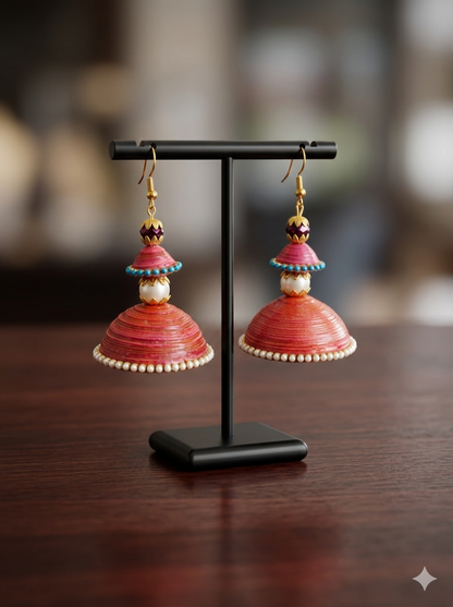 Tannvi's Collections Handcrafted Red & Pink Paper Quilled Jhumka Earrings - Festive Wear