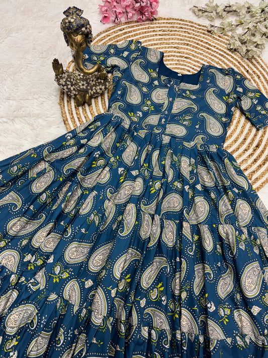 Teal Paisley Muslin Cotton 3-Layer Printed Dress