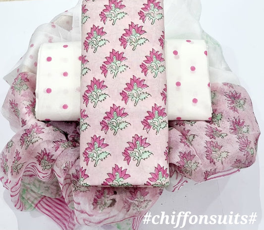 Pink Floral Hand Block Printed Cotton Suit with Chiffon Dupatta