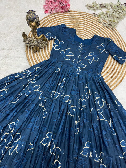 Indigo Floral Muslin Cotton 3-Layer Printed Dress