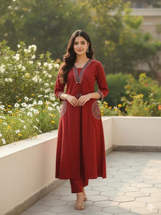 Wine Red Embroidered Cotton Flex Kurti Plazzo Set
